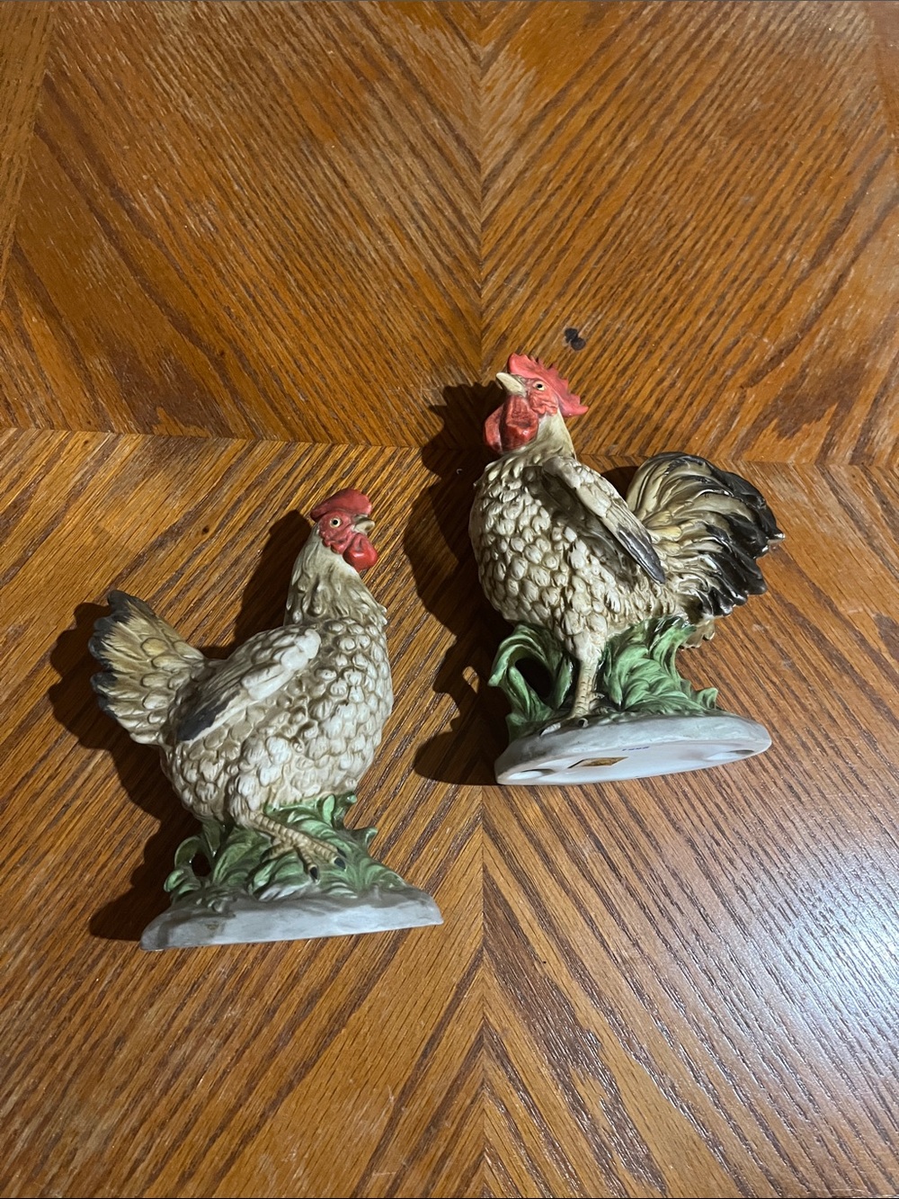 Pair of Ceramic Rooster & Hen Figurines in Cream and Green